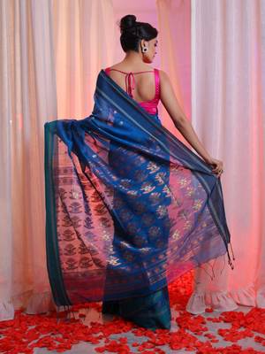 Cobalt Blue Cotton Blend Handwoven Saree With Floral Designs 4