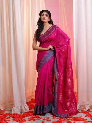 Fuchsia Cotton Blend Handwoven Saree With  Floral Designs 1