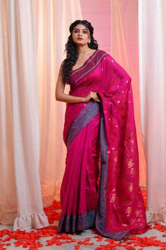 Fuchsia Cotton Blend Handwoven Saree With  Floral Designs