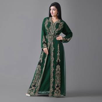 Dark-Green color Full Sleeves Handmade Moroccan Kaftan With Sun-proof hijab 1