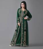 Dark-Green color luxurious Full Sleeves Handmade Moroccan Kaftan With Sun-proof hijab.