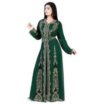 Dark-Green color Full Sleeves Handmade Moroccan Kaftan With Sun-proof hijab 2