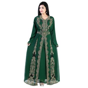 Dark-Green color Full Sleeves Handmade Moroccan Kaftan With Sun-proof hijab 3