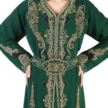 Dark-Green color Full Sleeves Handmade Moroccan Kaftan With Sun-proof hijab 4