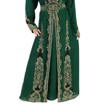 Dark-Green color Full Sleeves Handmade Moroccan Kaftan With Sun-proof hijab 5