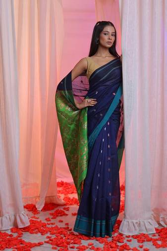 Navy Blue Cotton Blend Handwoven Saree With  Floral Designs