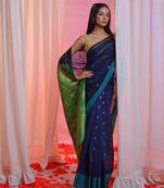Navy Blue Cotton Blend Handwoven Saree With  Floral Designs