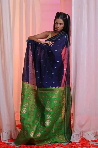 Navy Blue Cotton Blend Handwoven Saree With  Floral Designs