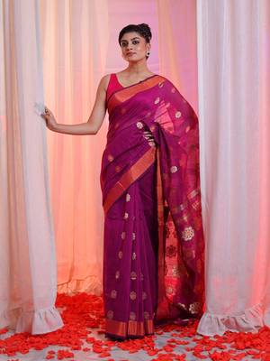 Purple Cotton Blend Handwoven Saree With Floral Texture Design 1
