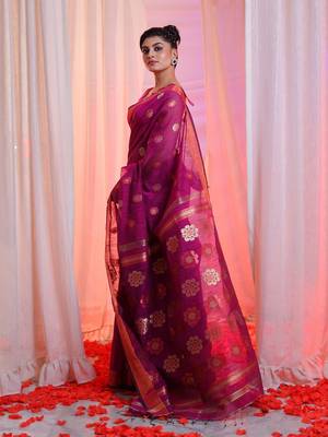 Purple Cotton Blend Handwoven Saree With Floral Texture Design 2
