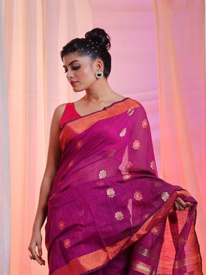 Purple Cotton Blend Handwoven Saree With Floral Texture Design 3