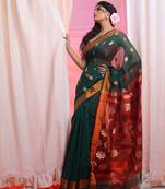 Bottle Green Cotton Blend Handwoven Saree With Floral Texture Design
