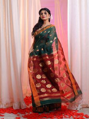 Bottle Green Cotton Blend Handwoven Saree With Floral Texture Design 2
