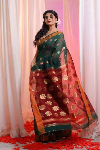 Bottle Green Cotton Blend Handwoven Saree With Floral Texture Design