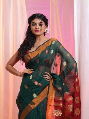 Bottle Green Cotton Blend Handwoven Saree With Floral Texture Design 3