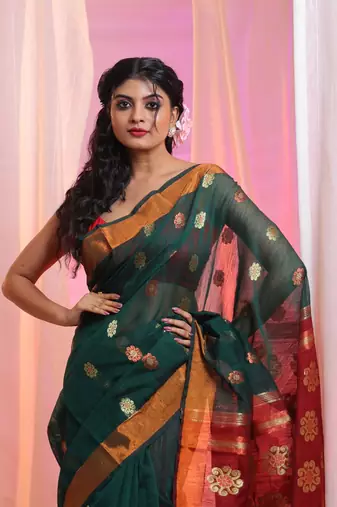 Bottle Green Cotton Blend Handwoven Saree With Floral Texture Design