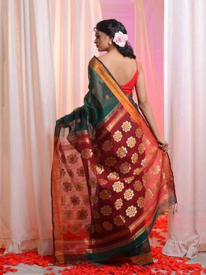 Bottle Green Cotton Blend Handwoven Saree With Floral Texture Design 4