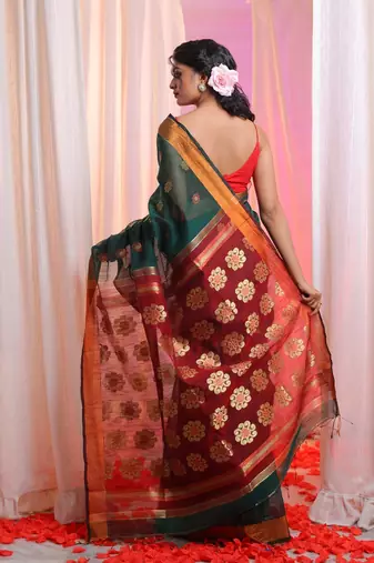Bottle Green Cotton Blend Handwoven Saree With Floral Texture Design