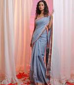 Grey Cotton Blend Handwoven Saree With Zari Border