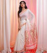 Off White Cotton Blend Handwoven Saree With Zari Border