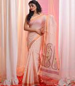 Nude Pink Cotton Blend Handwoven Saree With Zari Border