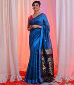 Teal Blue Cotton Blend Handwoven Saree With Floral Pallu