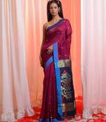 Plum Purple Cotton Blend Handwoven Saree With Floral Pallu
