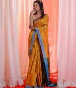 Honey Yellow Cotton Blend Handwoven Saree With Floral Pallu