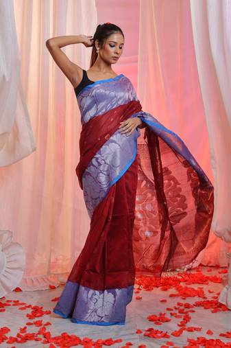 Maroon Cotton Blend Handwoven Saree With Flower Border