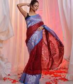 Maroon Cotton Blend Handwoven Saree With Flower Border