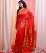 Red Cotton Blend Handwoven Saree With Flower Border