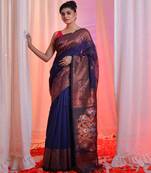 Navy Blue Cotton Blend Handwoven Saree With Flower Border