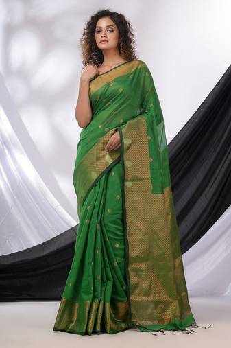 Green Cotton Blend Handwoven Saree With Texture Border