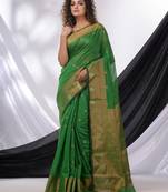 Green Cotton Blend Handwoven Saree With Texture Border