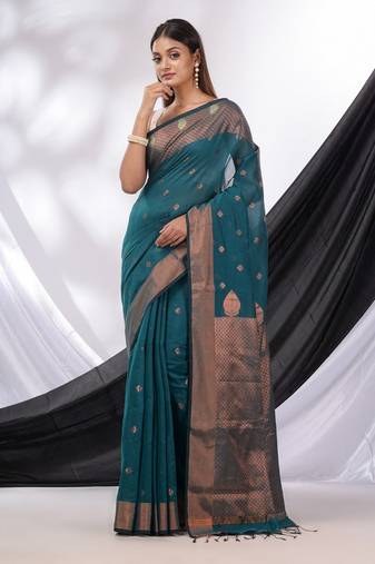 Teal Green Cotton Blend Handwoven Saree With Texture Border