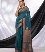 Teal Green Cotton Blend Handwoven Saree With Texture Border