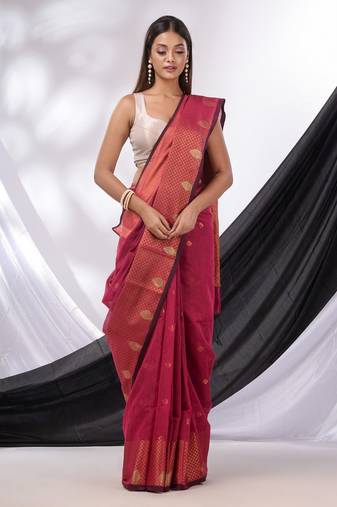 Fuchsia Cotton Blend Handwoven Saree With Texture Border