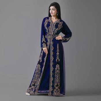 Navy-Blue color full sleeves Handmade Moroccan Kaftan with Sun-proof hijab 1