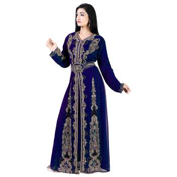 Navy-Blue color full sleeves Handmade Moroccan Kaftan with Sun-proof hijab 3