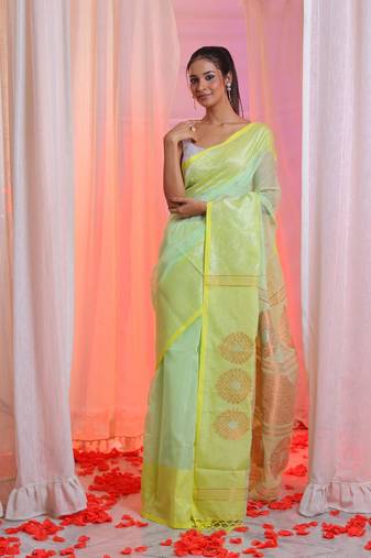 Tea Green Cotton Blend Handwoven Saree With Zari Woven Designs
