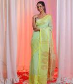 Tea Green Cotton Blend Handwoven Saree With Zari Woven Designs