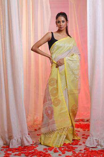 Beige Cotton Blend Handwoven Saree With Zari Woven Designs
