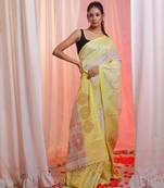 Beige Cotton Blend Handwoven Saree With Zari Woven Designs
