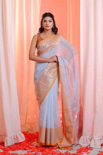 Grey Cotton Blend Handwoven Saree With Zari Woven Designs