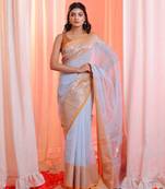 Grey Cotton Blend Handwoven Saree With Zari Woven Designs