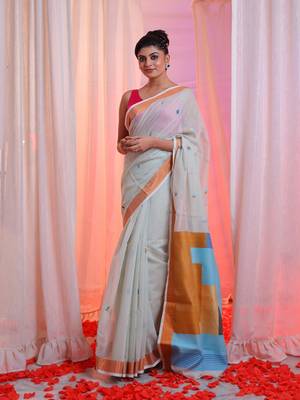 Ecru Cotton Blend Handwoven Saree With Zari Border 1