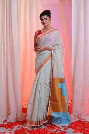 Ecru Cotton Blend Handwoven Saree With Zari Border