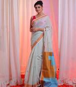 Ecru Cotton Blend Handwoven Saree With Zari Border