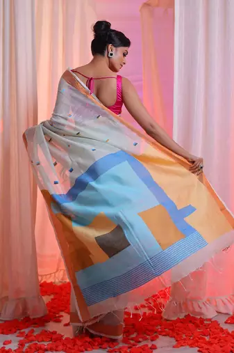Ecru Cotton Blend Handwoven Saree With Zari Border