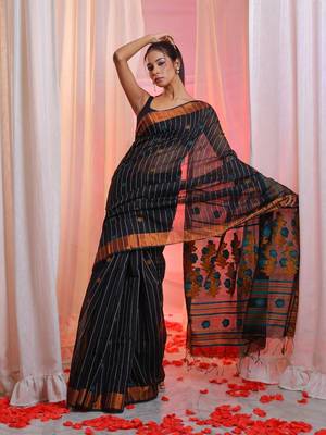 Black Cotton Blend Handwoven Saree With Stripes pattern 1